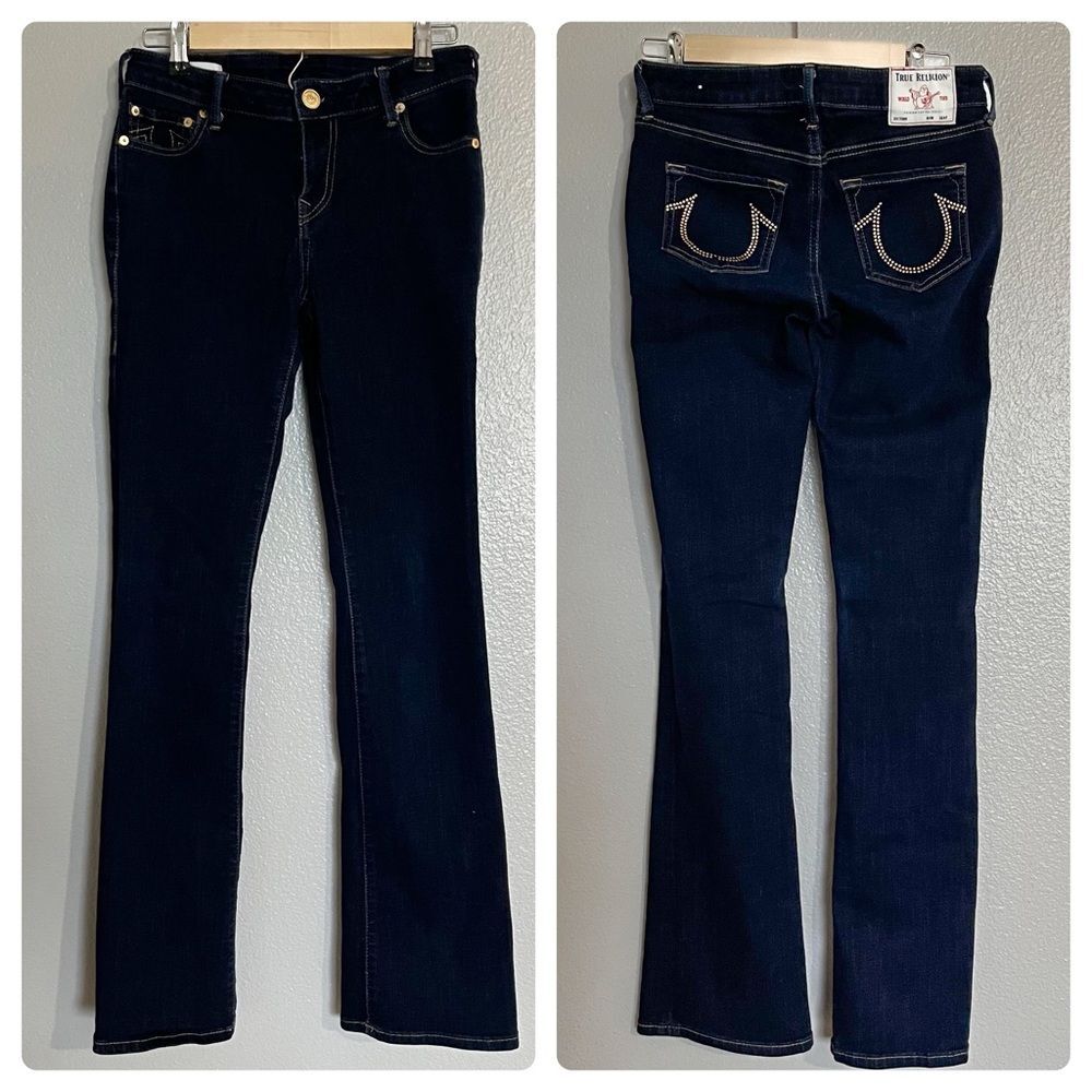 True Religion Becca Bootcut Jeans w/ Gold Studded Logo Sz 28 (women 6) Dark Wash